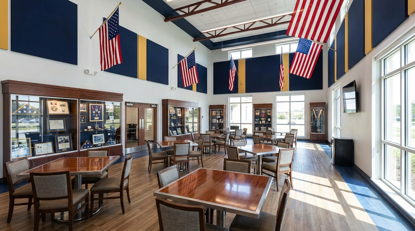VFW Post interior with flags and memorabilia