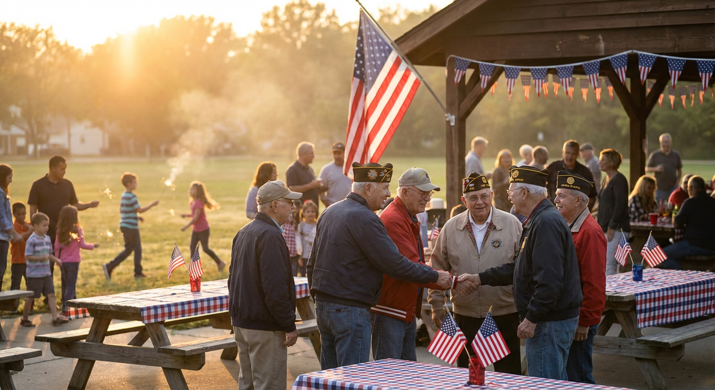 Veterans and families at patriotic outdoor community picnic